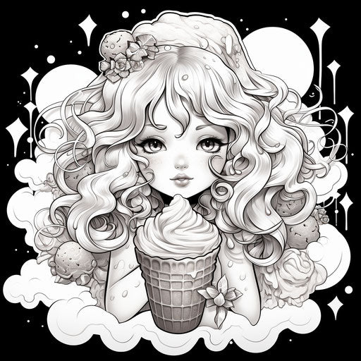 Cute drawing of kawaii ice cream and ice creams in black and white