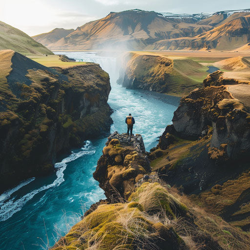 Skogafoss with bright blue waters and dynamic cliffs