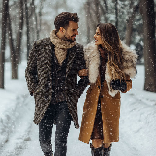 Stylish winter walk in a snowy park