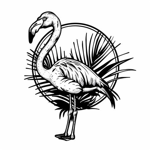Minimalist black and white flamingo tattoo illustration, isolated on white background