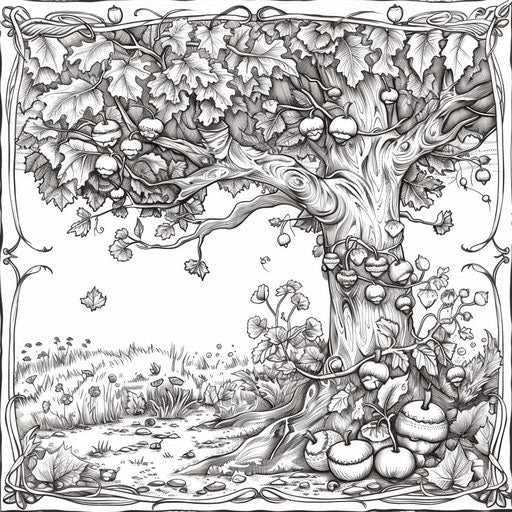 Whimsical scene of acorns dancing under a tree