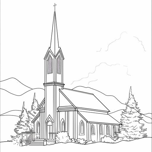 Church with tall steeple, coloring book page