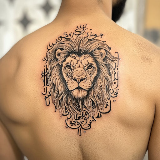 Arabic tattoo with lion's head surrounded by script on shoulder blade in Steve Sack style