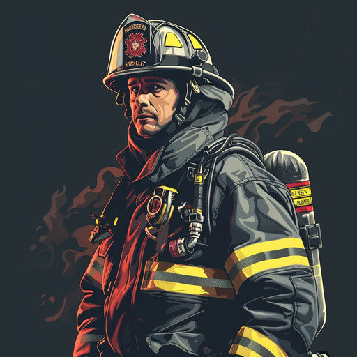 Firefighter clipart rendered in a realistic style on a flat, dark charcoal background