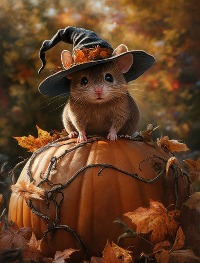Adorable mouse on pumpkin, Kinkade style, Halloween
