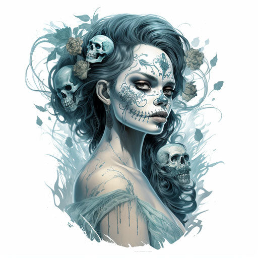 Day of the Dead skull tattoo with animals and people