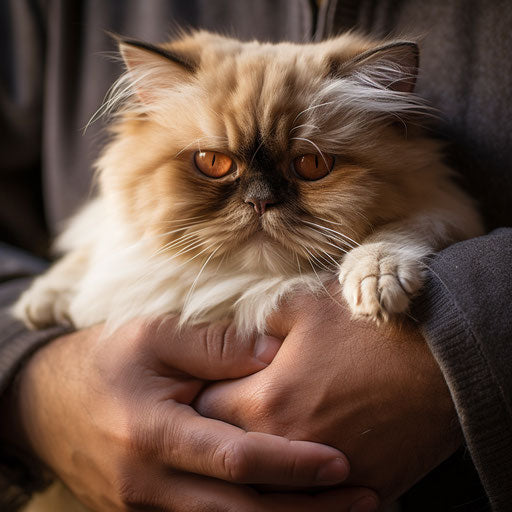 Himalayan cat held by its owner