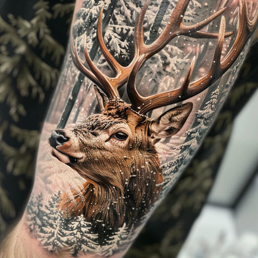 Photorealistic tattoo of majestic stag on snowy white background