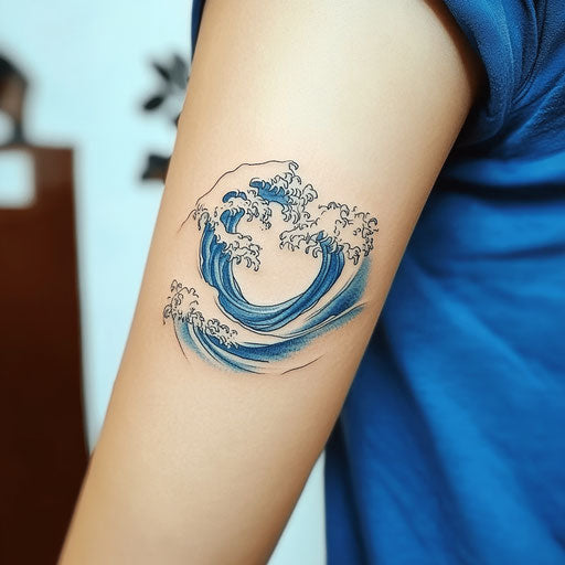Minimalist clipart arm tattoo with blue wave on white background
