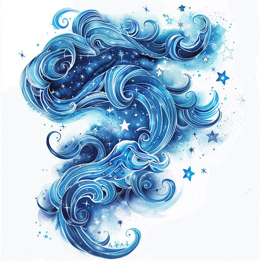 Flat tattoo sketch of the Aquarius constellation with elegant, swirling galactic clouds