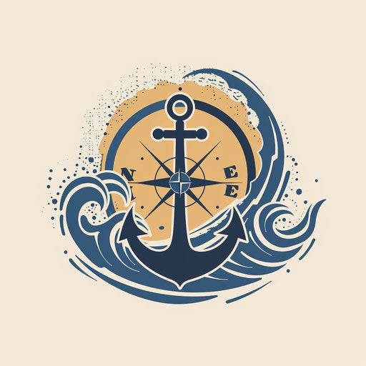 Nautical map logo with anchors, waves, and compass
