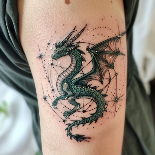 Draco constellation tattoo, dark green and black dragon theme