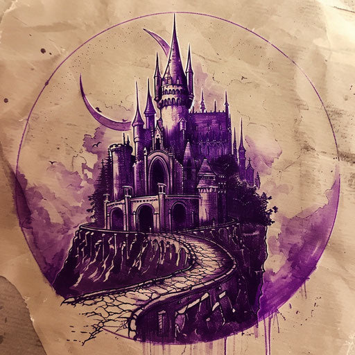 Fantasy tattoo sketch of a Dark Souls castle in flat purple