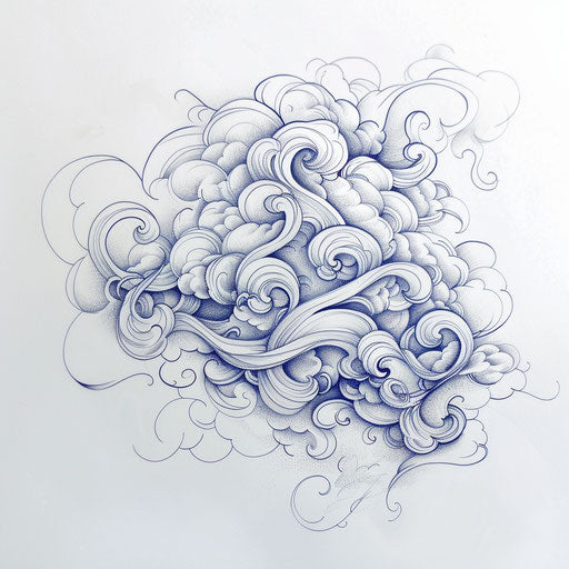 Fine line cloud tattoo design with swirling winds
