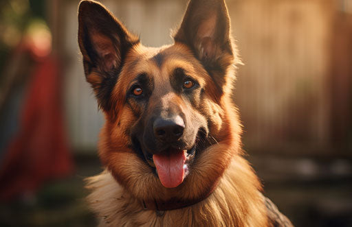 German Shepherd dog with distinct facial features, light red and dark amber