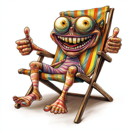 Beach chair caricature with expressive eyes and small feet