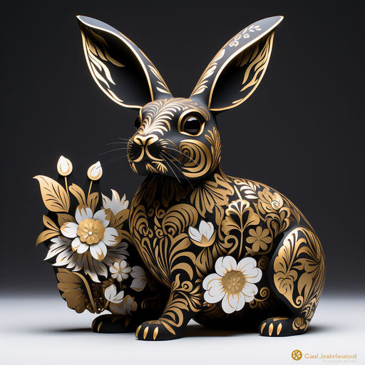 Black rabbit with floral pattern on white background, chiaroscuro technique
