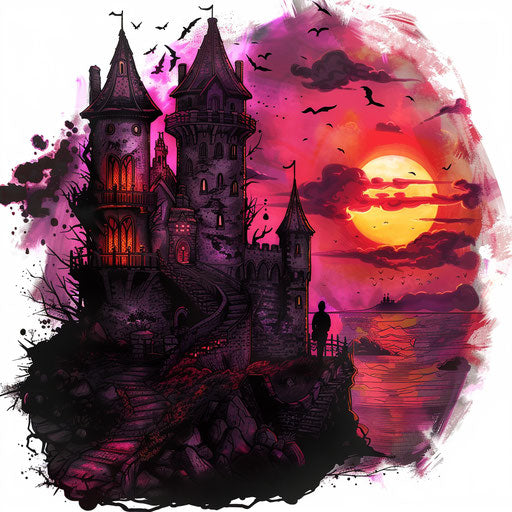 Romantic sunset castle with couple in red and purple tones