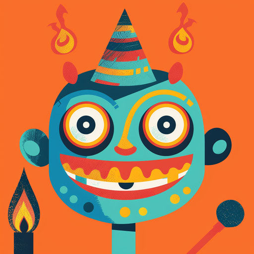 A smiling face with a party hat and a blow torch