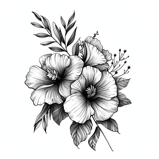 Botanical blackwork tattoo design of flowers and leaves on white
