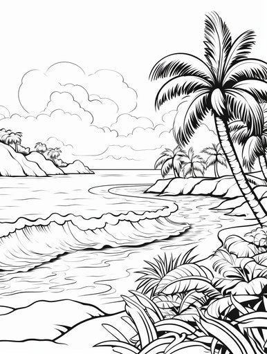 Free coloring pages of island sun and beach with palm trees