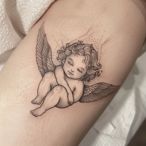 Vintage cherub tattoo with retro aesthetics on white background