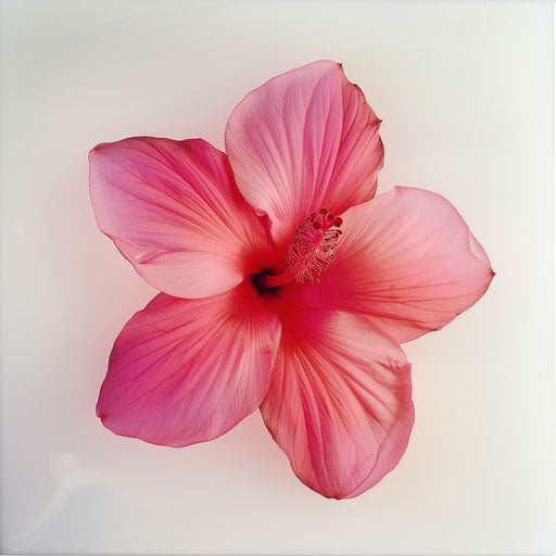 Bright pink flower on white background, tropical style, color photography, holotone printing, soft focal points, playful arrangements, full body, historically accurate