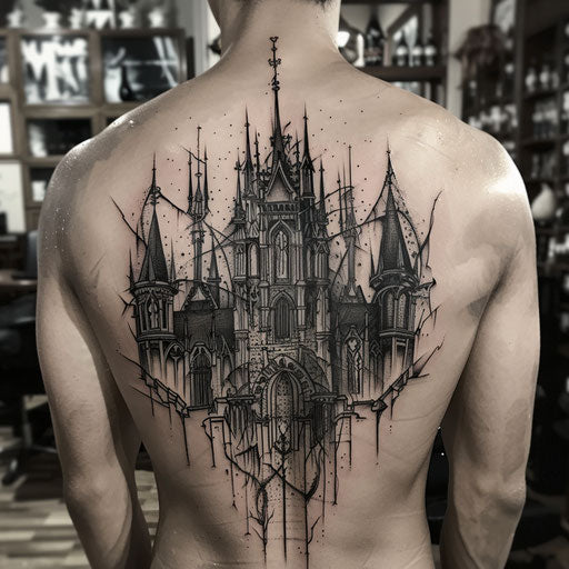 Gothic castle outlined tattoo
