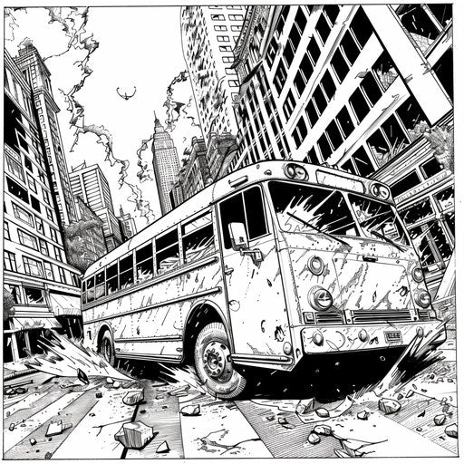A dramatic, action-packed bus in a city scene coloring book page