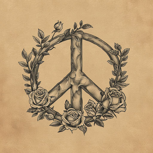 Vintage peace tattoo sketch with classic peace sign and roses in earth tones