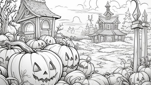 Halloween witch coloring page with pumpkins, in the style of romantic landscape, capturing suburban ennui