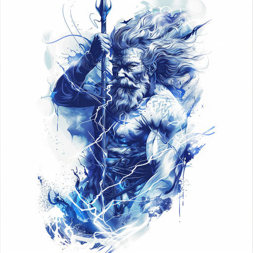 Lively tattoo of Zeus wielding a lightning bolt