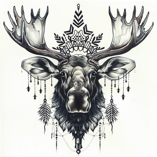 Cultural flat tattoo sketch of a moose with traditional Scandinavian patterns