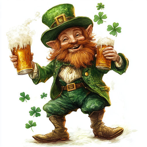 Leprechaun, clovers, and beer on St. Patrick's Day white background