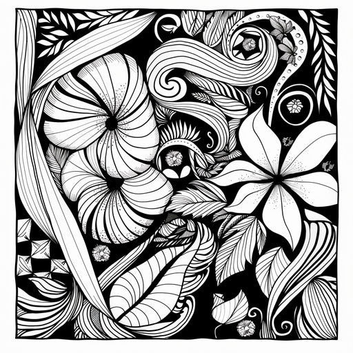 Abstract botanical designs with hidden insects, detailed and lively, coloring book page