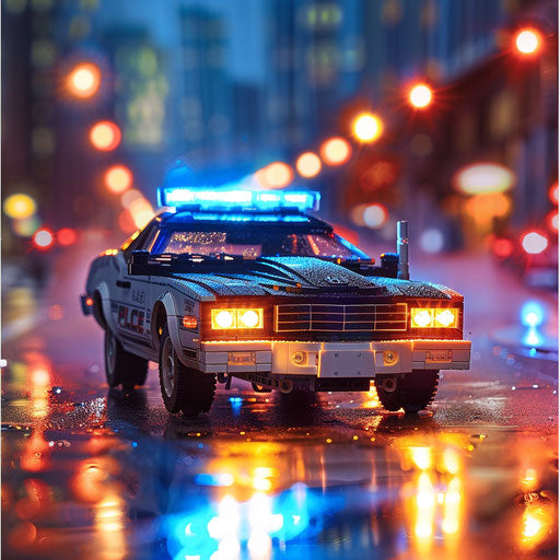 High-speed chase of a 1976 Malibu Classic police interceptor version, with sirens and lights