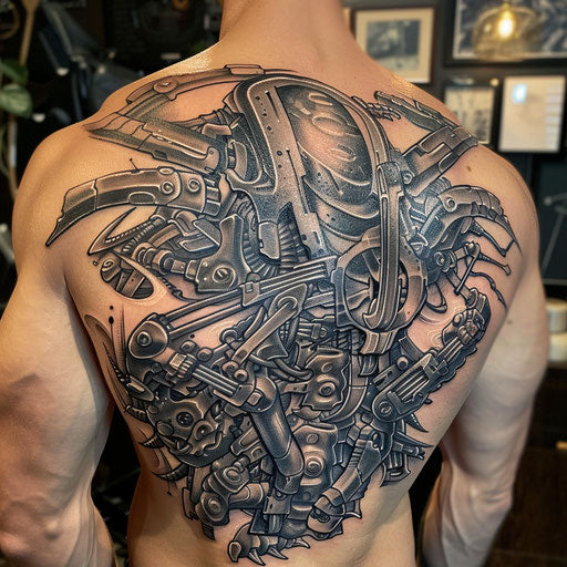 Biomechanical tattoo with heroic elements, in Glenn Fabry's style