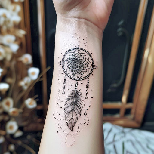 Sketch of a delicate dreamcatcher tattoo with feathers and beads for wrist coverup tattoo for women