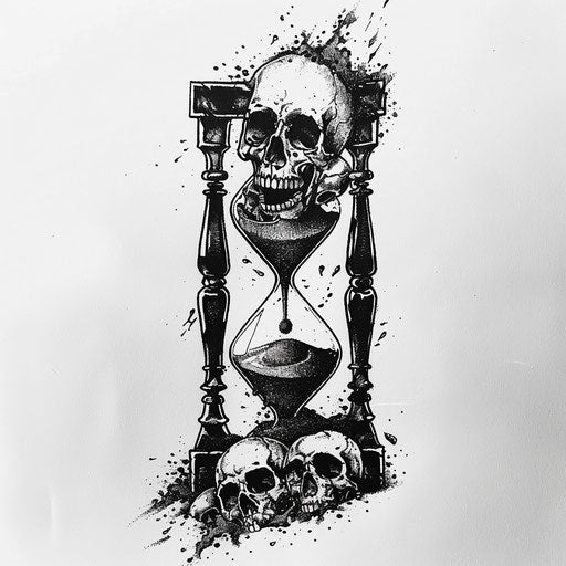 Gothic hourglass, sand through skulls and bones, monochrome style on white background