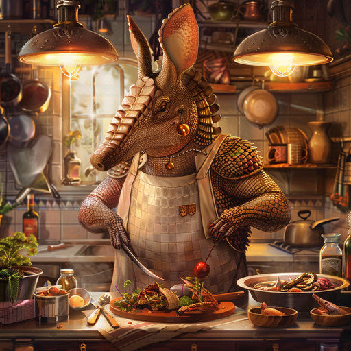 Armadillo chef preparing exotic dishes in a gourmet kitchen