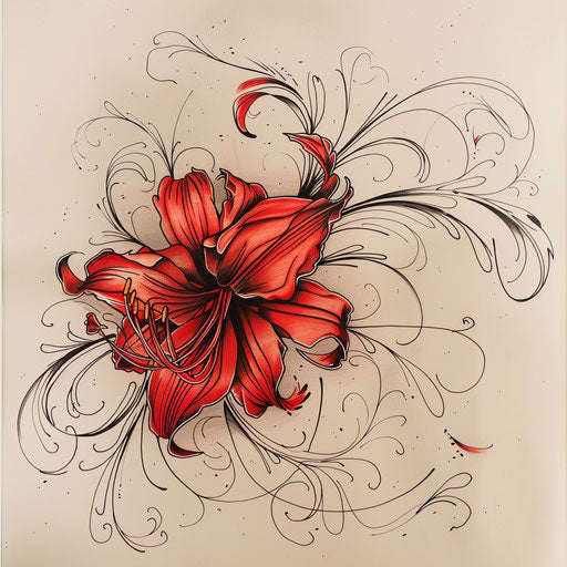 Art nouveau style tattoo sketch of a red spider lily with flowing lines and ornate floral patterns