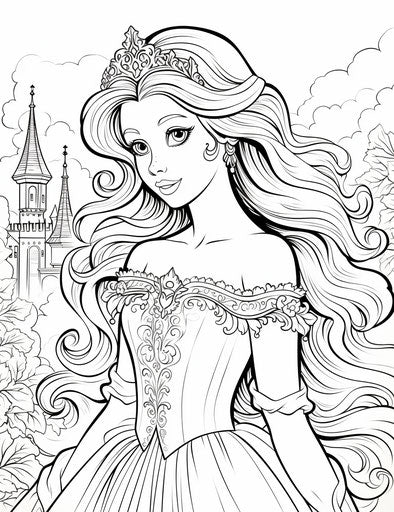 Coloring pages of princess Disney with long hair, intricately sculpted style