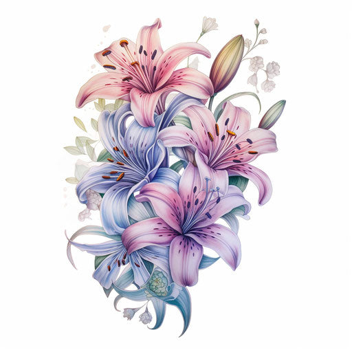 Tattoos of flower and lilies, light magenta and blue style