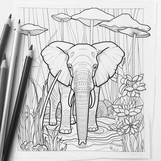 Minimalist elephant in a dreamlike setting in the style of Ruben Ireland Coloring book page
