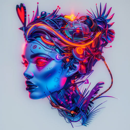 Futuristic Queen of Hearts tattoo blending neon colors and digital elements on white canvas