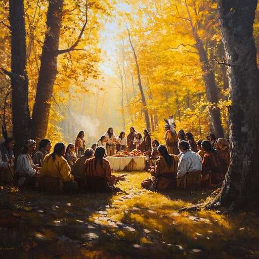 Pilgrims and Native Americans praying in golden autumn forest