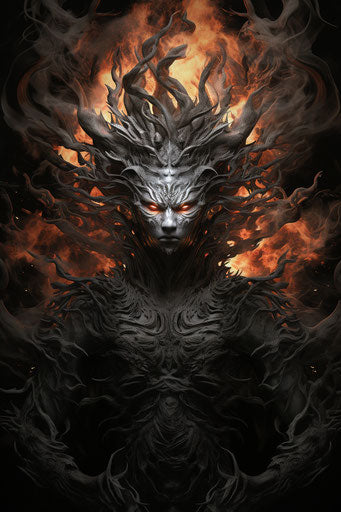 Thai god surrounded by fire and flames, black and white art