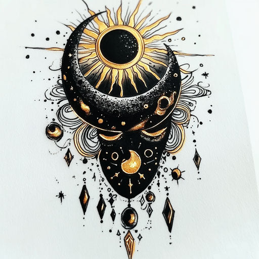 Beautiful flat tattoo sketch for elegant women, stylized sun and moon in black and gold
