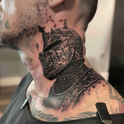 Neck tattoo of a medieval knight, in the style of Peter Jackson