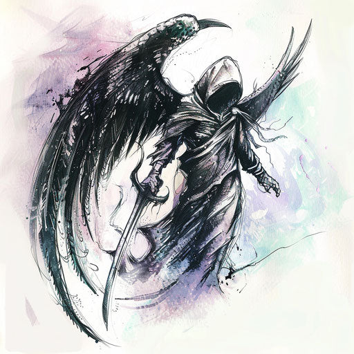 Artistic tattoo sketch of the angel of death in serene pose